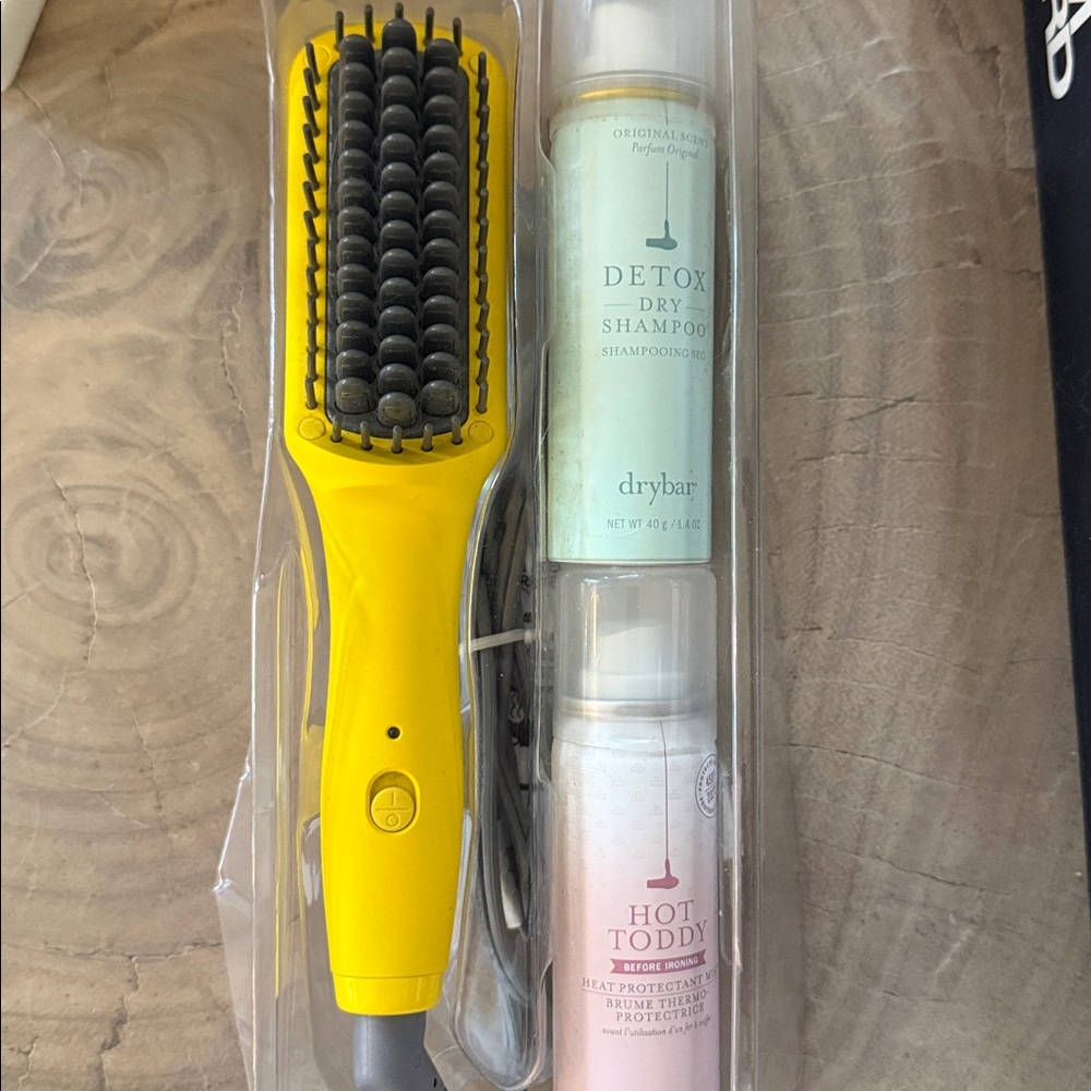 Drybar Yellow Styling Brush with Hair Products